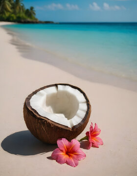 Photo of Halved coconut and pink flowers on a tropical beach paradise