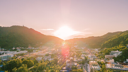 Drone aerial view of Phuket, Karon Beach, Thailand. Beautiful beach for relaxing, beautiful sky, clear water.
