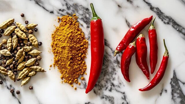 Spice and chili peppers on marble