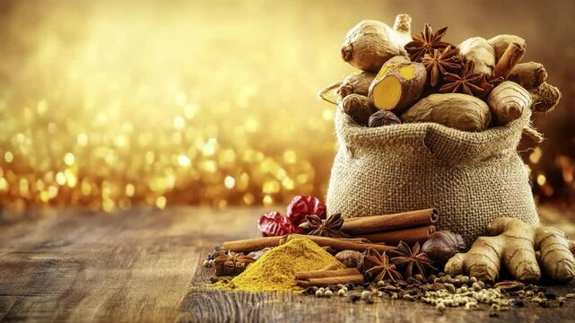 Aromatic spices in a burlap sack