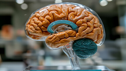 Detailed anatomical brain model under a glass casing for educational purpose