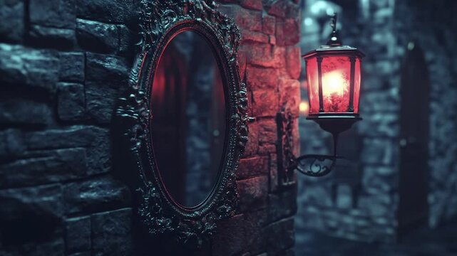 Dark, gothic, ornate mirror and lantern in a stone wall