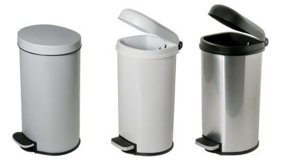  pedal bins or pedal trash cans, indoor waste disposal containers that have foot pedal mechanism for hands free operation, used in kitchens, bathrooms or offices isolated on white background , PNG 