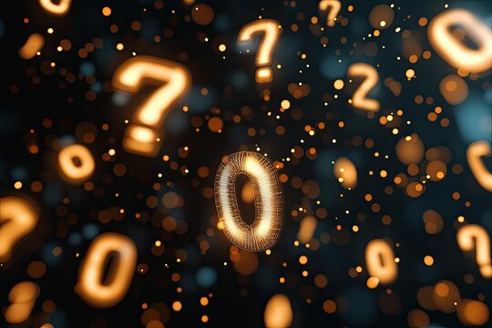 Glowing numbers and question marks float amidst sparkling particles on a dark background, creating a sense of mystery and digital flux