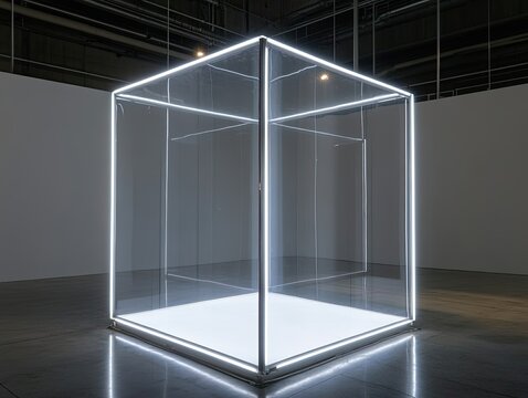A large, transparent cube with internal LED lighting illuminates a white base within a minimalist, industrial setting, reflecting on a polished floor - Powered by Adobe