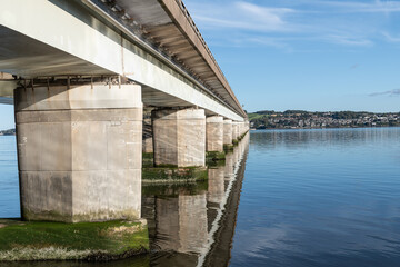 The Tay Road bridge reflected in the River Tay, Dundee, Angus, Scotland