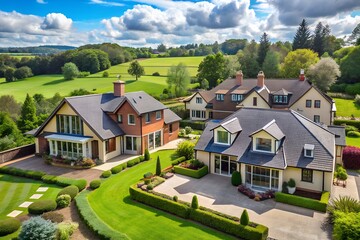 Modern residential countryside layout seen in panoramic view for use in real estate promotions agent flyers and brochures olgamcs backgrounds ads business art