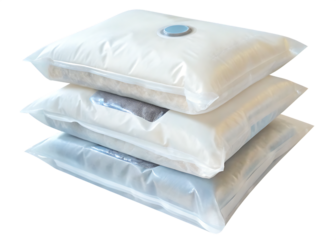 Stack of vacuum sealed bags containing various items, ideal for storage and preserving freshness  isolated on white background PNG 