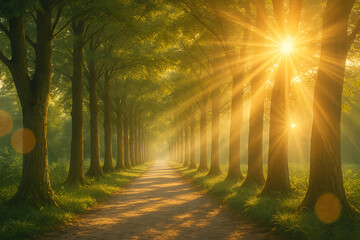 Obraz premium Sunlit path through serene tree-lined forest.