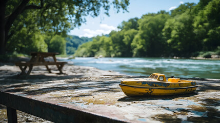Abandoned Childhood Dream: A Weathered Toy Boat by a Serene Riverside Retreat