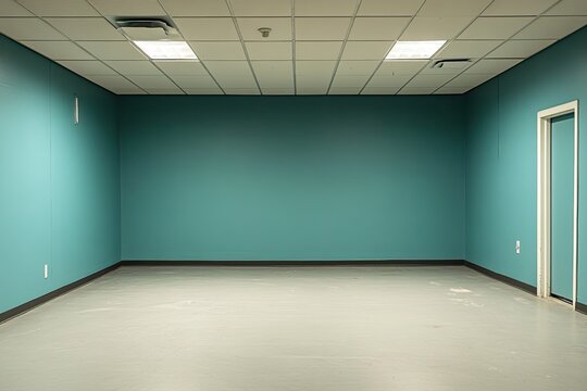 A small, empty room with teal walls, a light grey floor, and a single white door.  Recessed lighting is visible in the ceiling