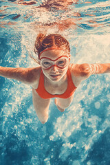 Fototapeta premium Girl swimming underwater in a pool with goggles