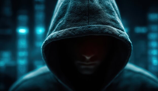 Mystery hacker in shadowed hooded attire. - Powered by Adobe