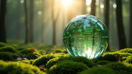 Green technology sphere in a forest setting