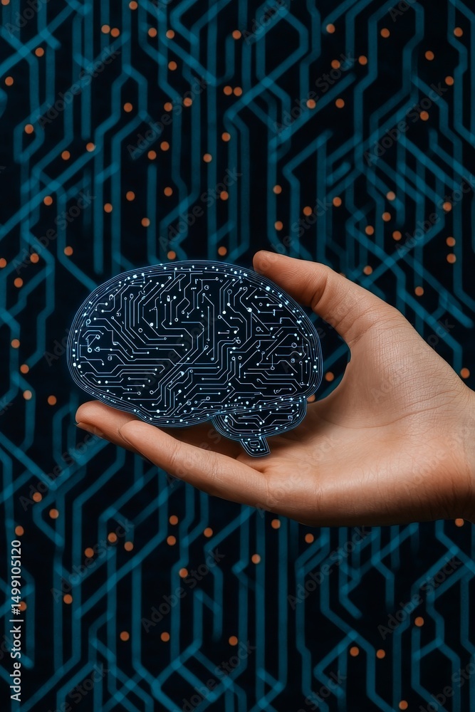 Poster hand holding a brain with circuit patterns on a tech background.