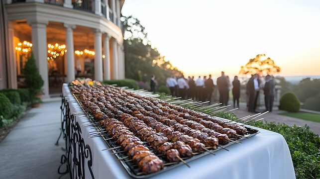 Elegant catered event featuring rows of meat skewers at picturesque sunset setting