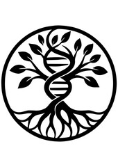Black and white vector Tree of Life with DNA in the trunk, circular design. Ideal for engraving, logos, prints, and creative projects