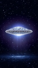 Obraz premium Futuristic Pixel Spaceship Emitting Light in Dark Outer Space with Sparking Stars Background