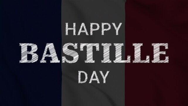 Happy Bastille Day white text animation with scribble effect on French flag background. Ideal for Bastille Day themed motion graphic projects.