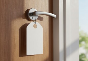 Door knob mockup with blank tag on wooden door background
