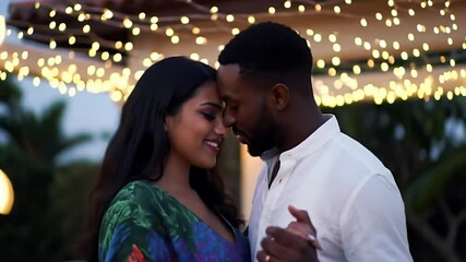 Romantic Embrace: Interracial Couple Under String Lights - Powered by Adobe
