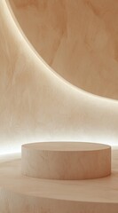 A minimalist beige cylindrical display stand sits on a matching platform, backlit by soft, curved neon lights against a subtly textured marble wall