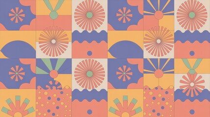 Naklejka premium Retro Grid Pattern with Sunburst and Wave Motifs in Pastels.