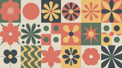 Retro Floral Tile Grid with Geometric Flower and Dot Motifs.