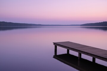 Obraz premium Tranquil lake at sunset with wooden pier and colorful sky reflection
