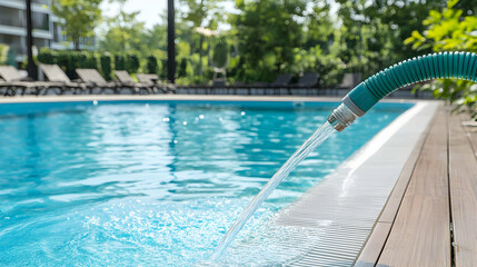 Refreshing retreat: Hose fills a tranquil turquoise swimming pool near lounge chairs