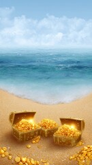 Treasure Chests Overflowing with Gold Coins on a Sandy Beach with Ocean Waves in Background