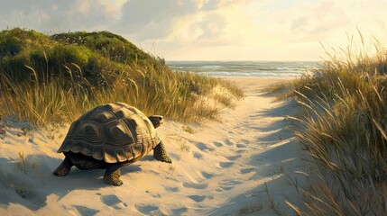 Determined tortoise on sandy pathway to the sea at sunset