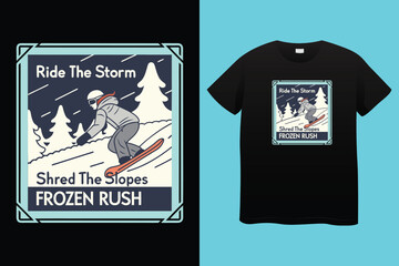 Vector T-Shirt Design of Snowboarder in Winter Landscape, Snowboarding Adventure Scene &ndash; Dynamic Winter Sports Illustration, Cartoon Snowboarder in Cold Mountains &ndash; Outdoor Sport T-shirt Graphic.