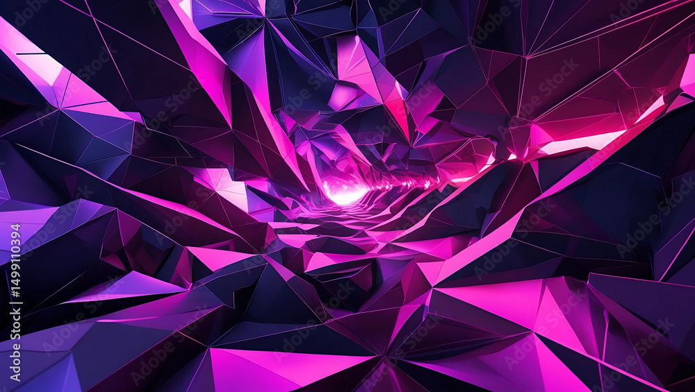 Fototapete  Futuristic Low-Poly Abstract with Angular Facets and Electric Magenta-Violet Glow, Intersecting Lines, and Shimmering Highlights in an Avant-Garde Digital Dreamscape