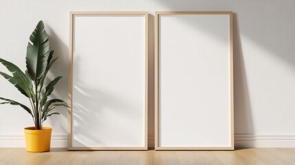 Two Blank Vertical Wood Frames Mockup on Wooden Floor, Beside Indoor Plant, 3D Illustration