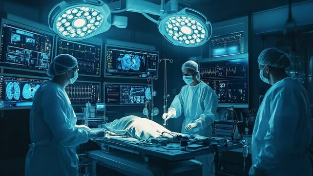 Surgeons performing a procedure in a high tech medical centre. Ai healthcare concept