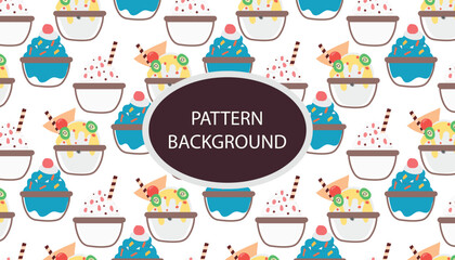 shaved ice pattern background. Shaved Ice with Topping .vector pattern with ice cream and Korean traditional ice flakes dessert called bingsu. Menu, poster, banner, flyer template for a cafe.