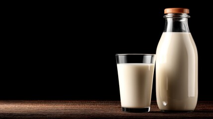 Milk Bottle and Glass on Dark Wooden Table