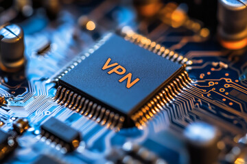 VPN symbol on futuristic black button integrated into glowing circuit board representing cyber securit
