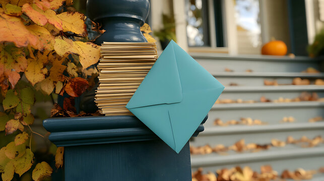 Autumnal Ambiance: Teal Envelope and Letters on Porch Pillar with Fallen Leaves