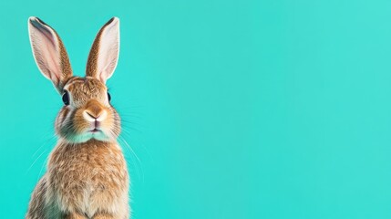 Obraz premium Cute rabbit portrait against teal background