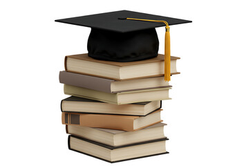 Graduation mortarboard resting on a stack of academic books Isolated on transparent background
