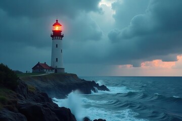 A majestic lighthouse stands tall against a dramatic, stormy sea , tower, coast