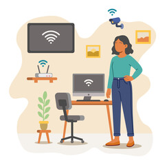 Woman with WiFi Devices in Smart Home Workspace Vector Illustration