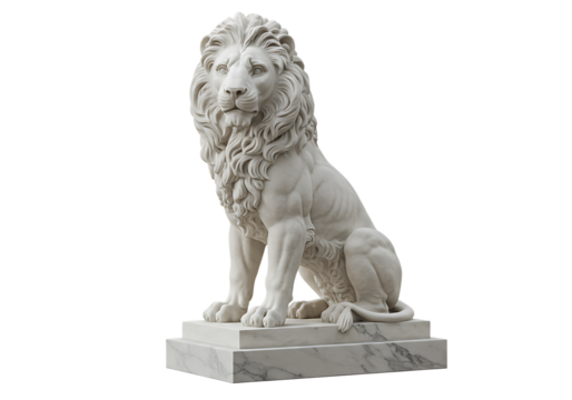 Majestic white marble lion statue sitting gracefully on a marble pedestal Isolated on transparent background