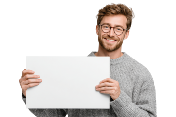 Young Man Presenting Blank Poster – No Background