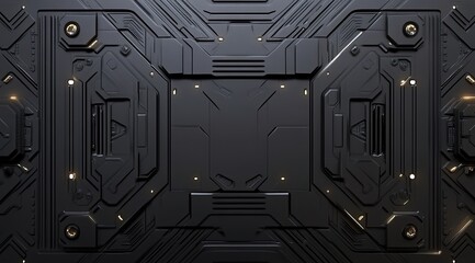 Symmetrical dark gray metallic panel with gold accents, intricate geometric detailing, and glowing lines, resembling futuristic technology or spacecraft design