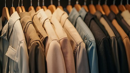 Fototapeta premium A well-organized closet with neatly hung jackets in neutral and pastel colors