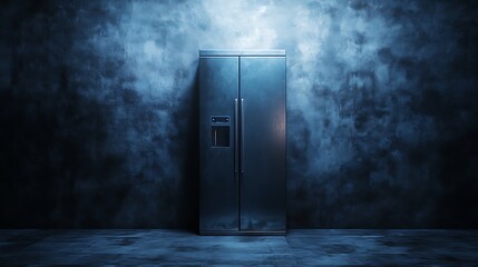 Metallic refrigerator in a dimly lit, moody room.