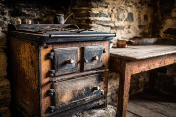Rustic Charm Aged Kitchen with Stove and Table